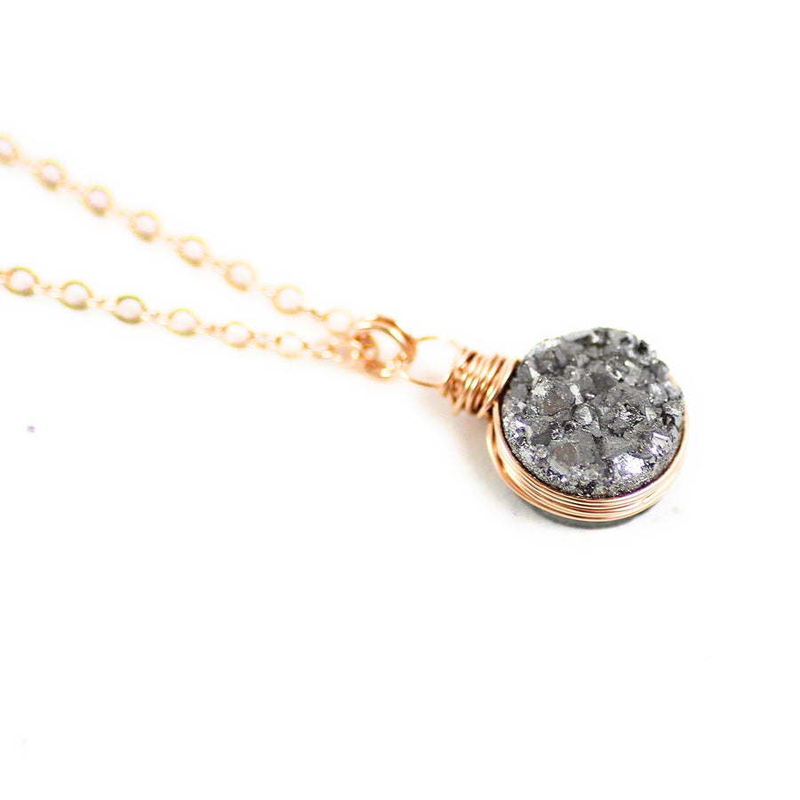 Silver Druzy Rose Gold Circle Pendant Necklace