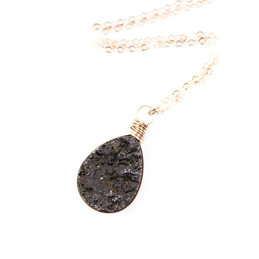 Black Druzy Teardrop Rose Gold Necklace