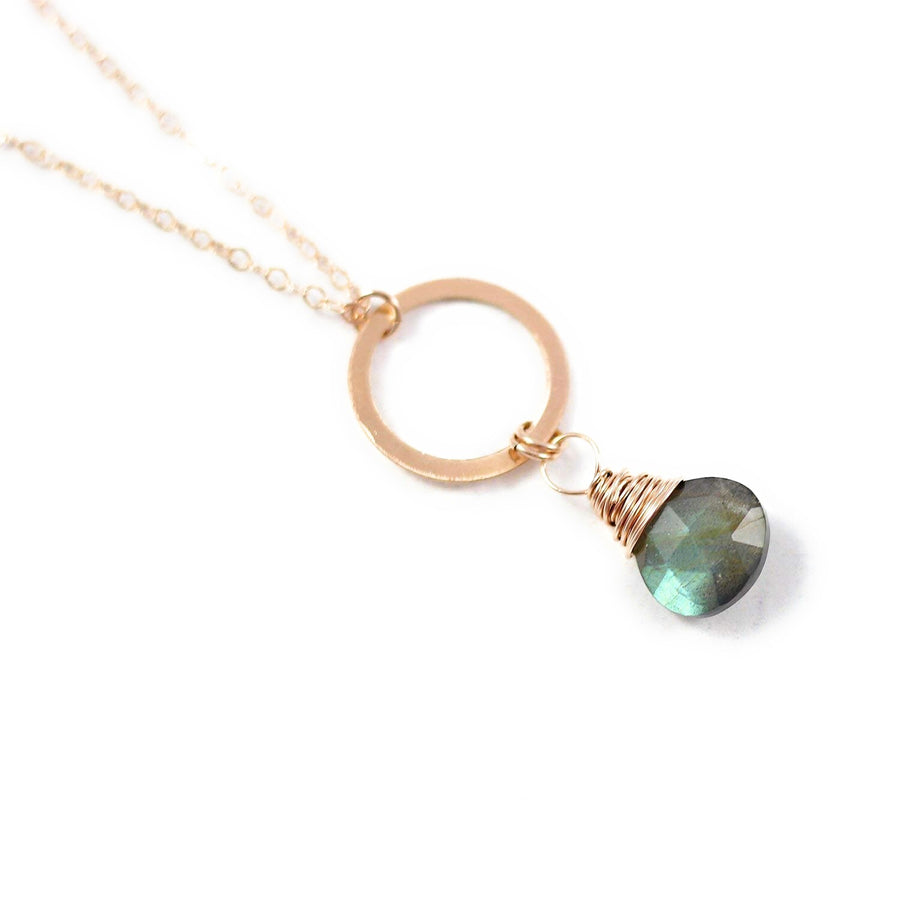 Labradorite Gemstone Rose Gold Circle Pendant Necklace