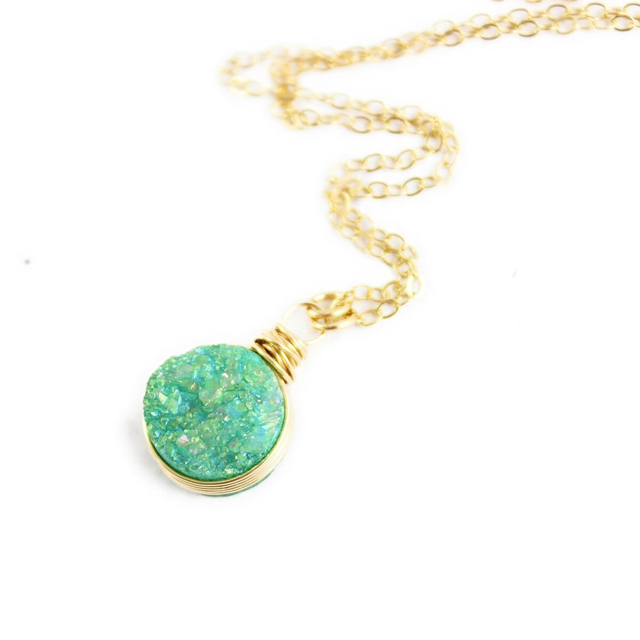 Turquoise Green Druzy Gold Circle Necklace