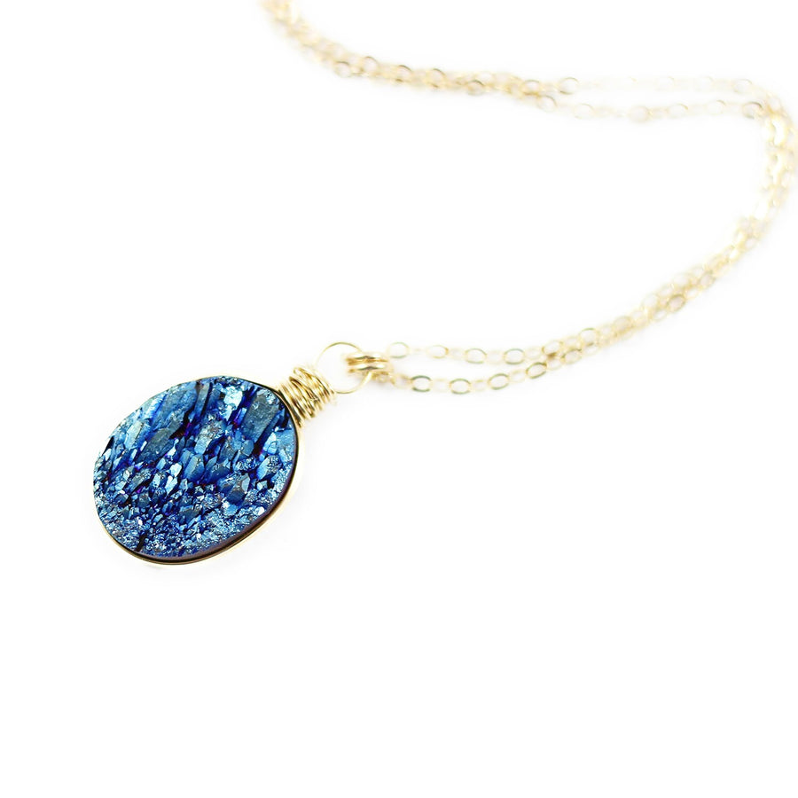 Dark Blue Druzy Gold Oval Necklace