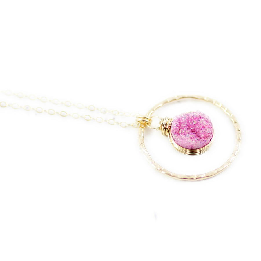 Pink Druzy Geode Gold Filled Pendant Necklace