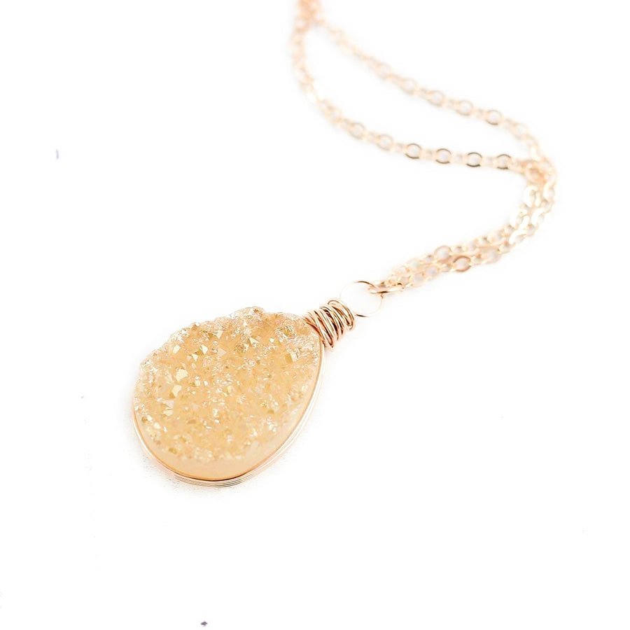 Peach Champagne Druzy Rose Gold Teardrop Necklace