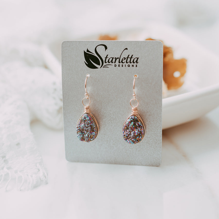 Rainbow Druzy Rose Gold Teardrop Earrings