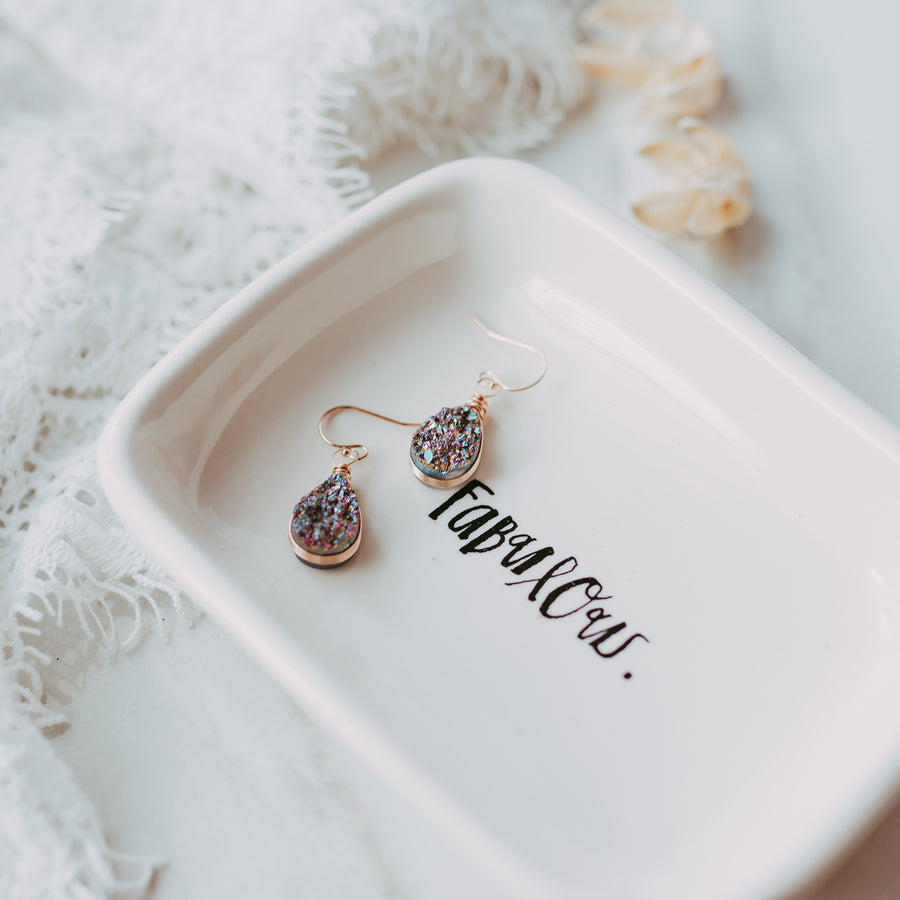 Rainbow Druzy Rose Gold Teardrop Earrings