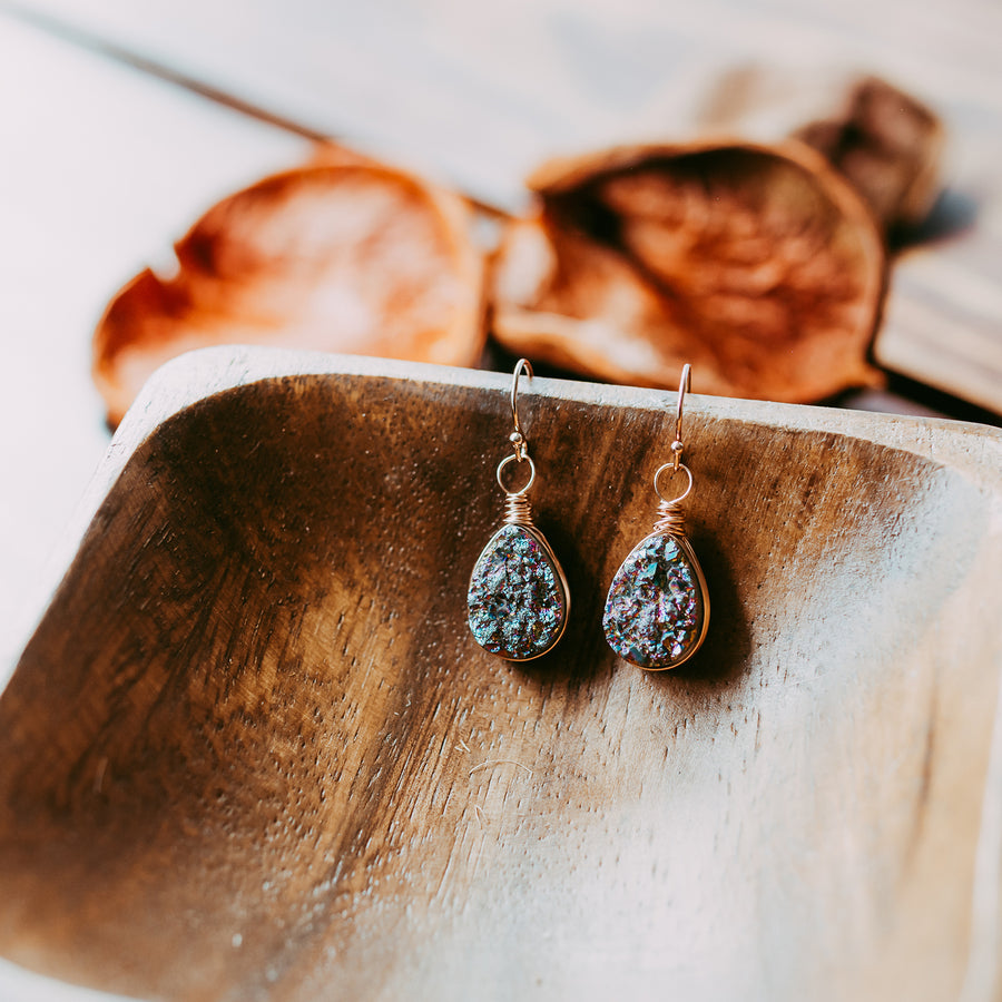 Rainbow Druzy Rose Gold Teardrop Earrings