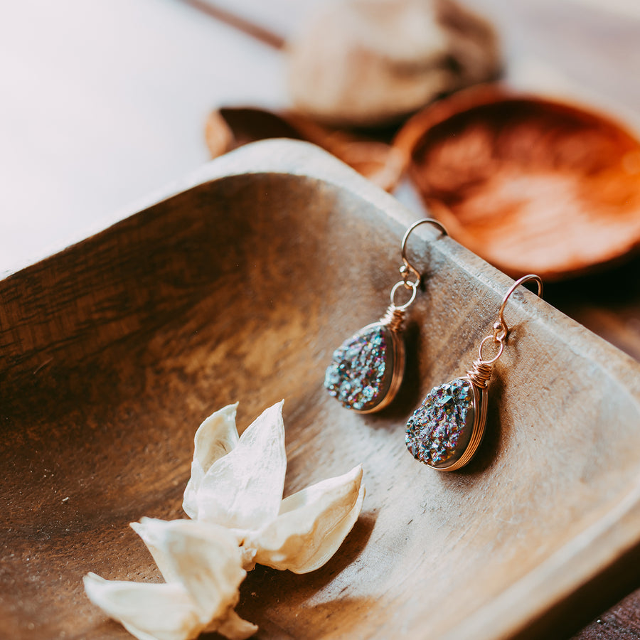 Rainbow Druzy Rose Gold Teardrop Earrings