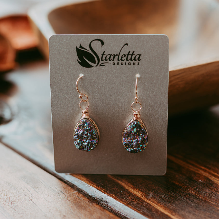 Rainbow Druzy Rose Gold Teardrop Earrings