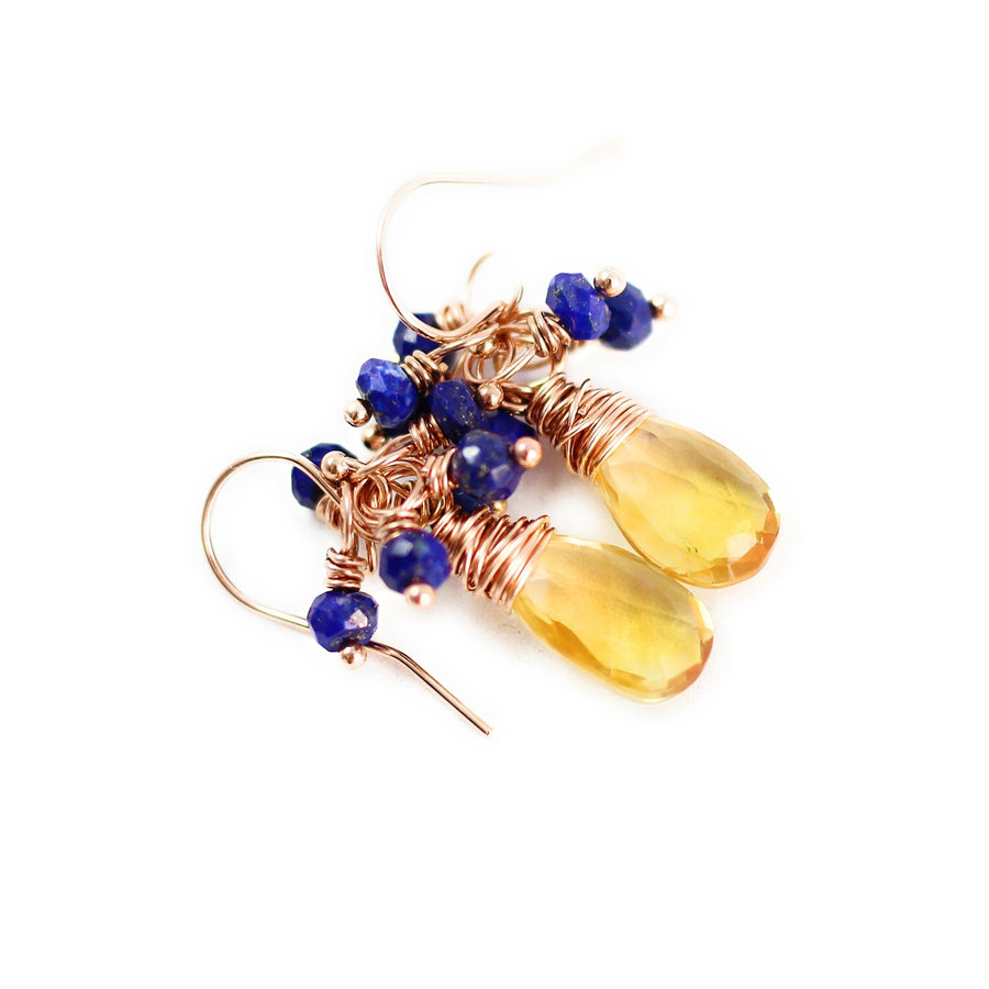 Yellow Citrine and Blue Lapis Rose Gold Gemstone Earrings
