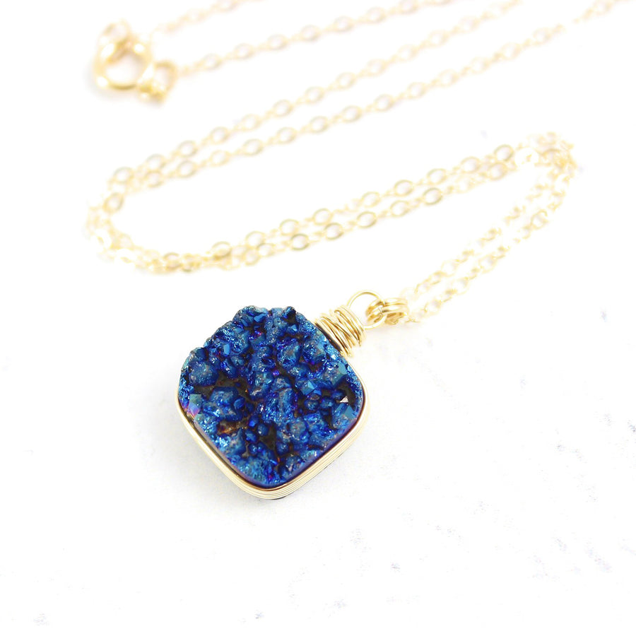 Dark Blue Druzy Square Gold Filled Necklace