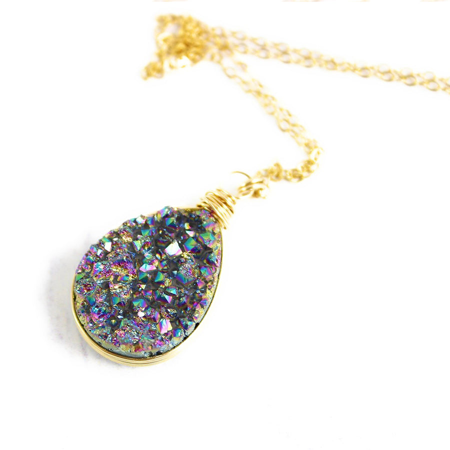 Rainbow Druzy Gold Teardrop Necklace