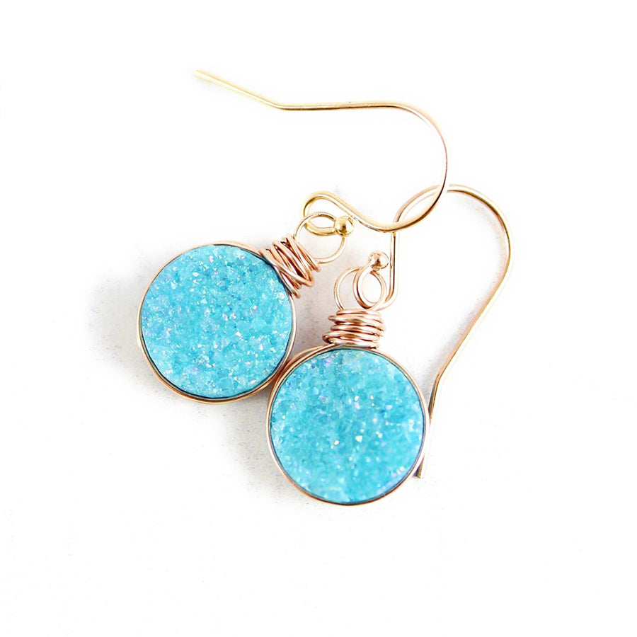 Sky Blue Druzy Rose Gold Circle Earrings