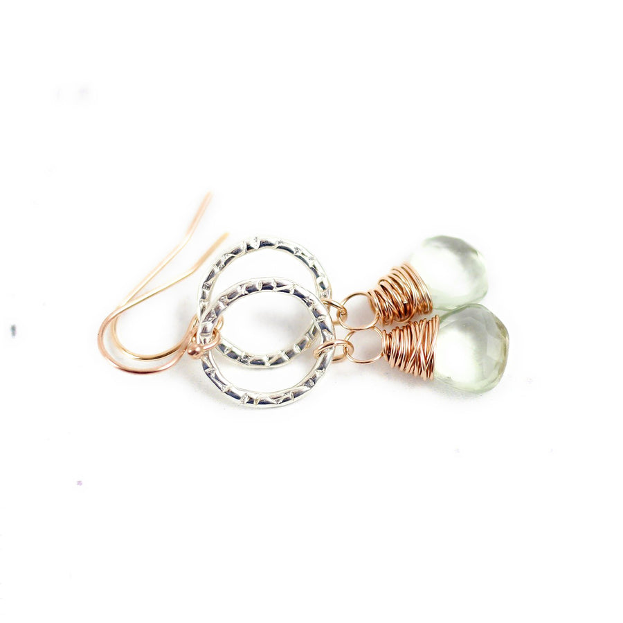 Green Amethyst Dangle Earrings in Sterling Silver and Rose Gold