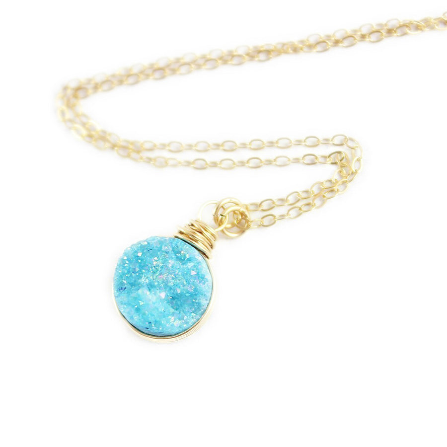 Sky Blue Druzy Gold Circle Necklace