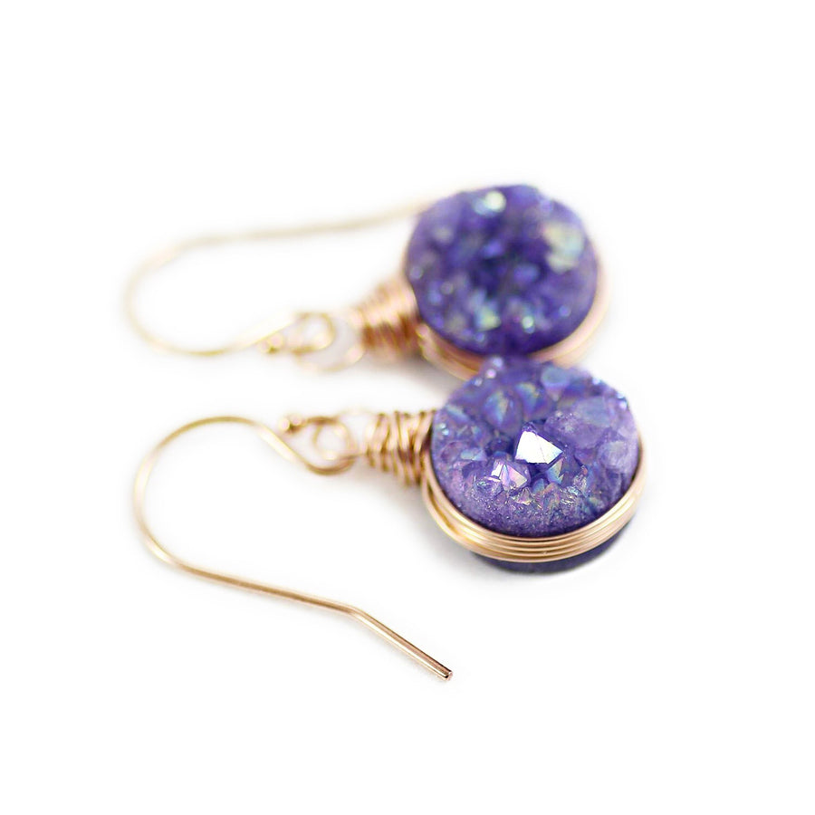 Purple Rose Gold Druzy Circle Earrings