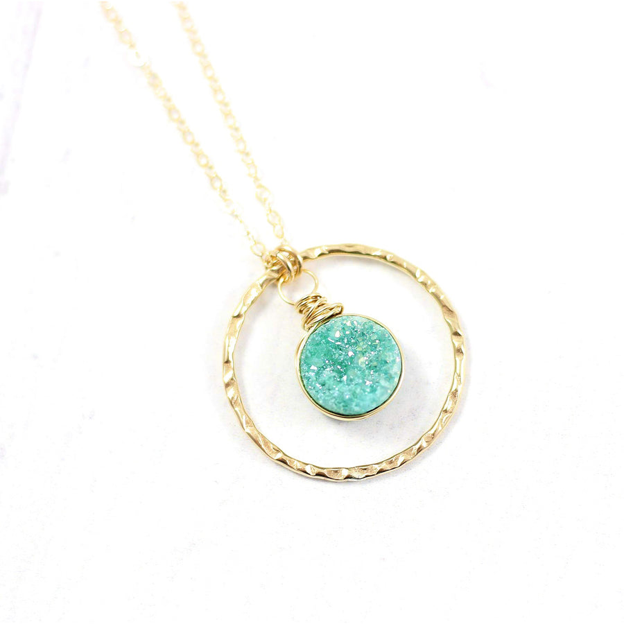 Green Druzy Geode Yellow Gold Pendant Necklace