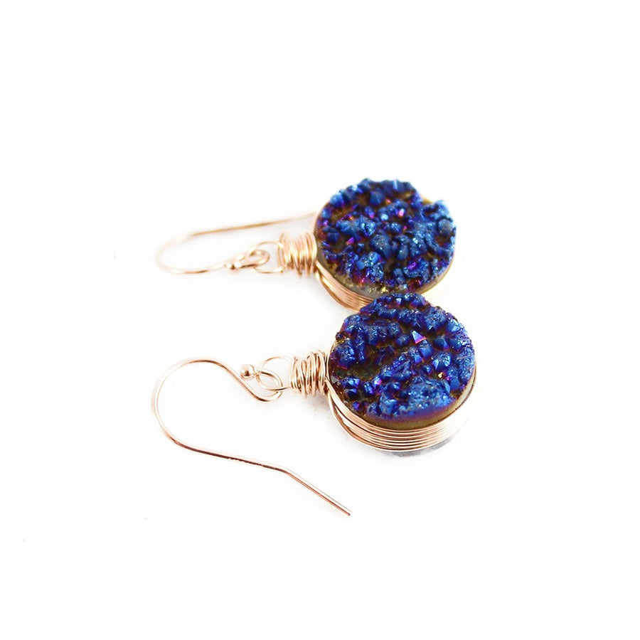 Dark Blue Druzy Rose Gold Circle Earrings