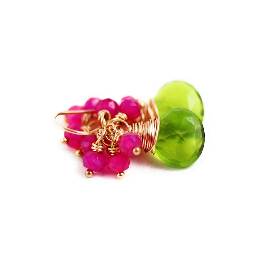 Green Quartz and Hot Pink Chalcedony Rose Gold Earrings