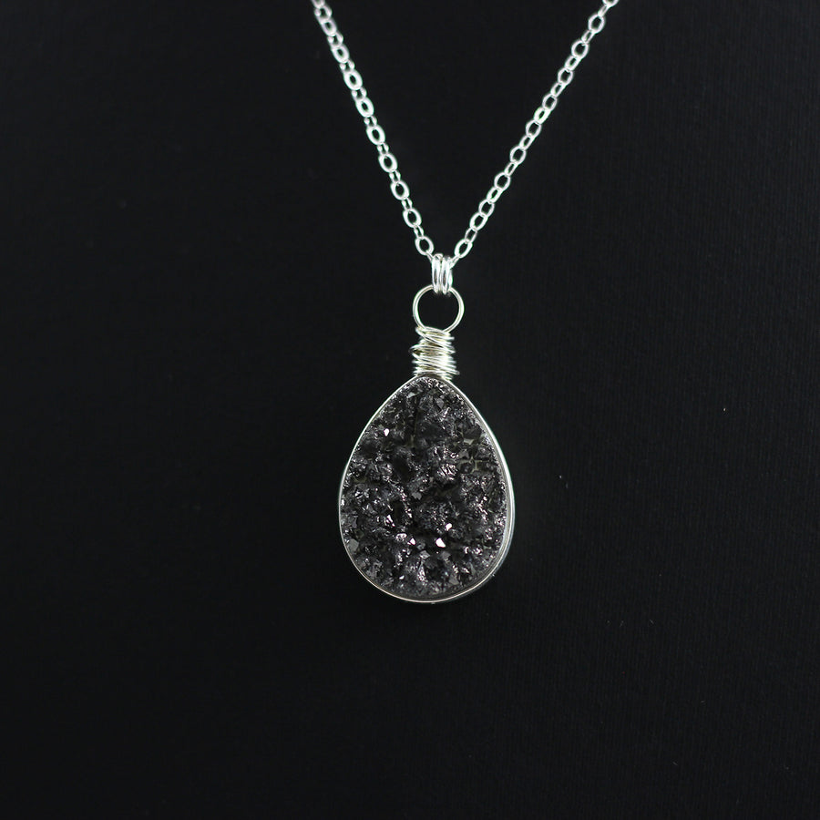 Black Druzy Sterling Silver Pendant Necklace