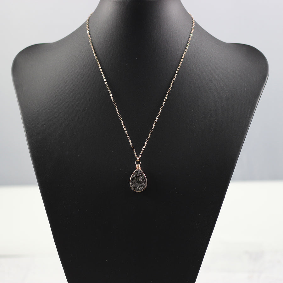 Black Druzy Teardrop Rose Gold Necklace