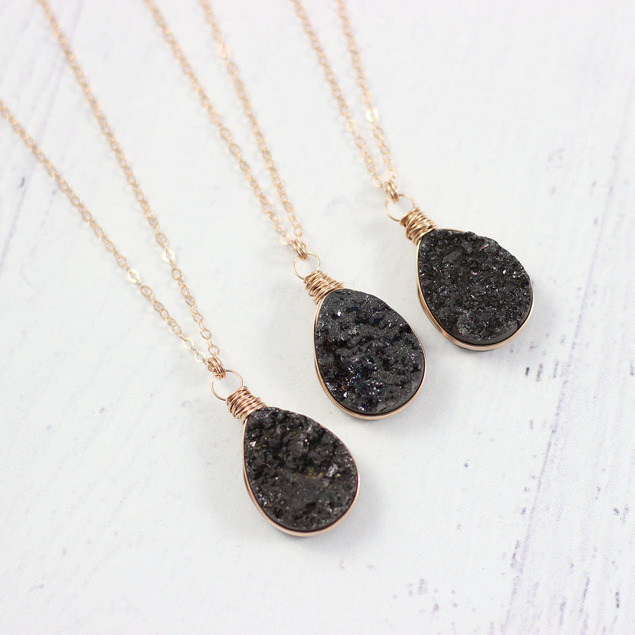 Black Druzy Teardrop Rose Gold Necklace