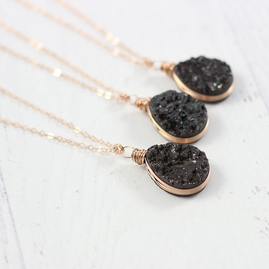 Black Druzy Teardrop Rose Gold Necklace