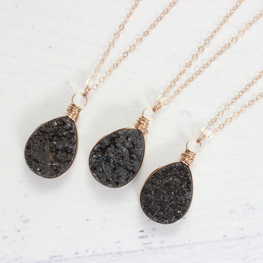 Black Druzy Teardrop Rose Gold Necklace