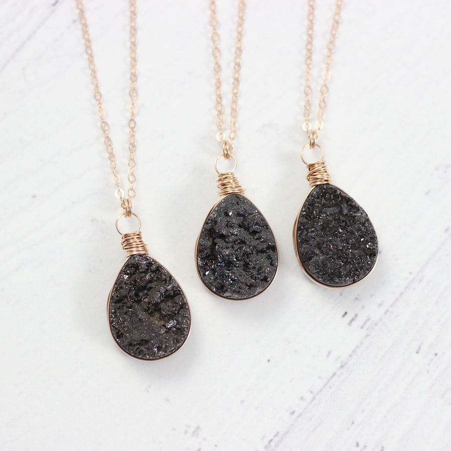 Black Druzy Teardrop Rose Gold Necklace