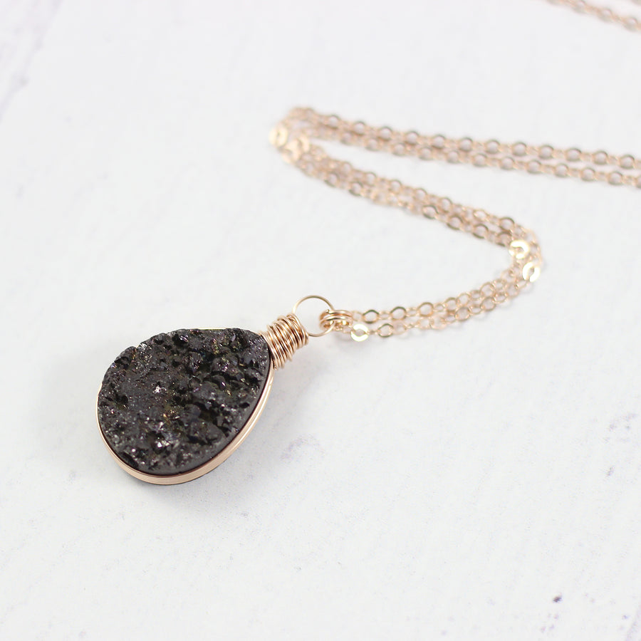 Black Druzy Teardrop Rose Gold Necklace