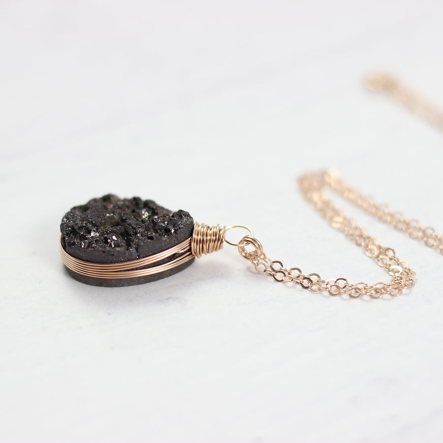 Black Druzy Teardrop Rose Gold Necklace