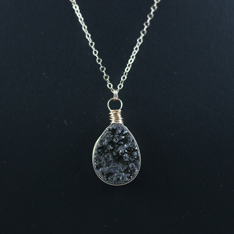 Black Druzy Teardrop Rose Gold Necklace