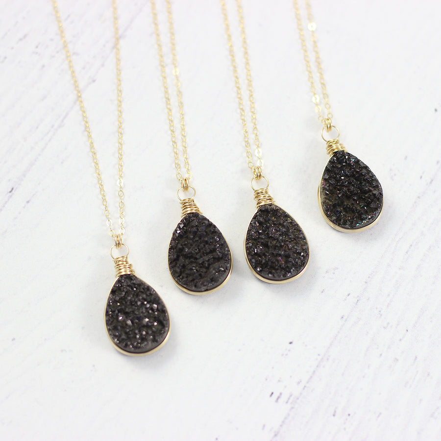 Black Druzy Teardrop Yellow Gold Necklace