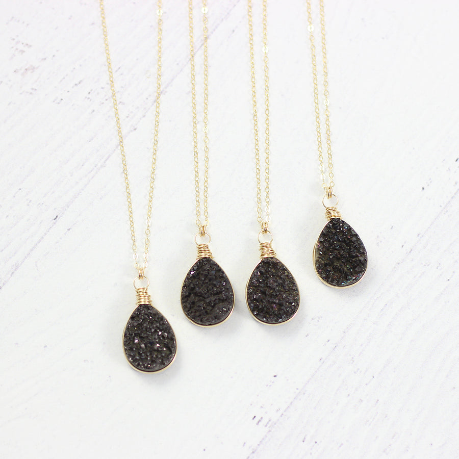 Black Druzy Teardrop Yellow Gold Necklace