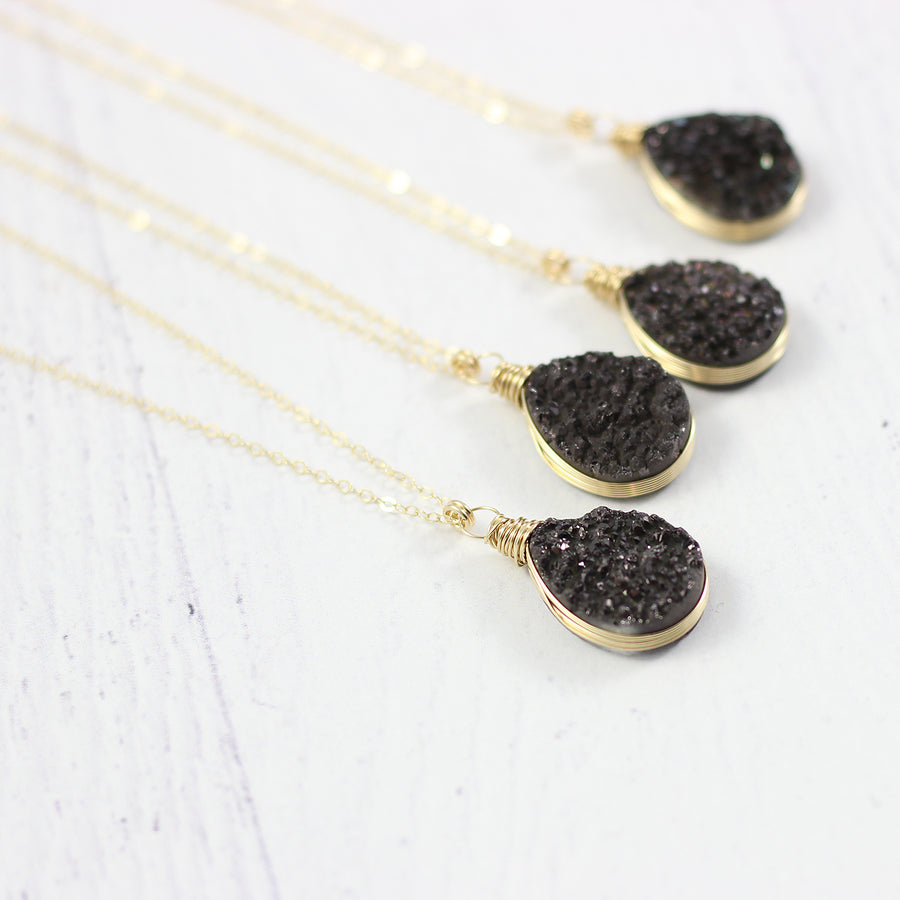 Black Druzy Teardrop Yellow Gold Necklace