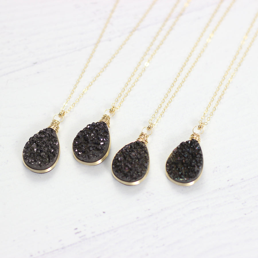 Black Druzy Teardrop Yellow Gold Necklace