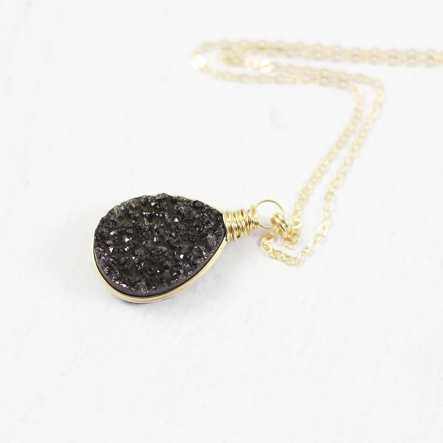 Black Druzy Teardrop Yellow Gold Necklace