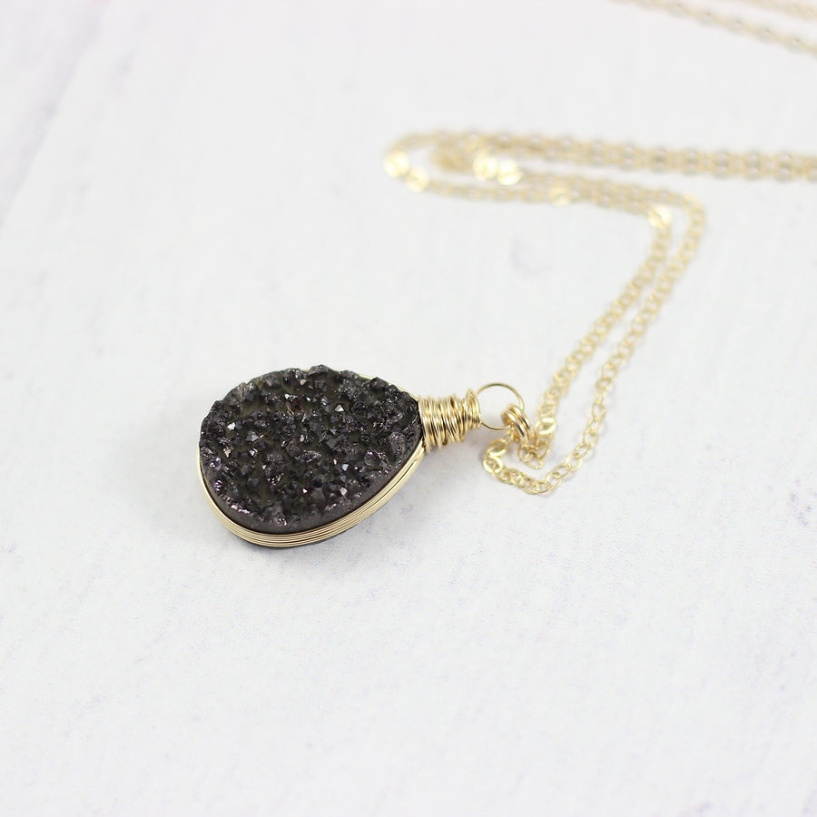 Black Druzy Teardrop Yellow Gold Necklace