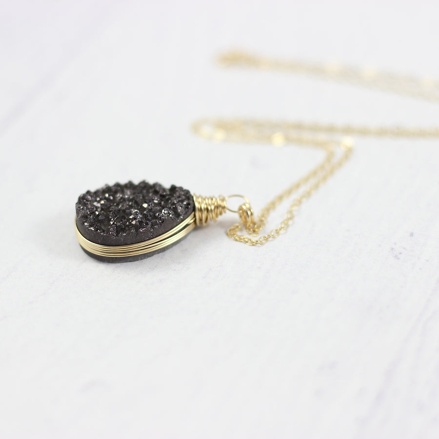 Black Druzy Teardrop Yellow Gold Necklace