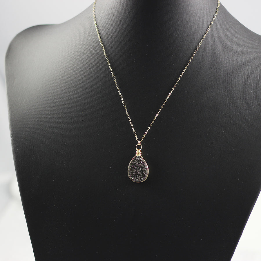 Black Druzy Teardrop Yellow Gold Necklace