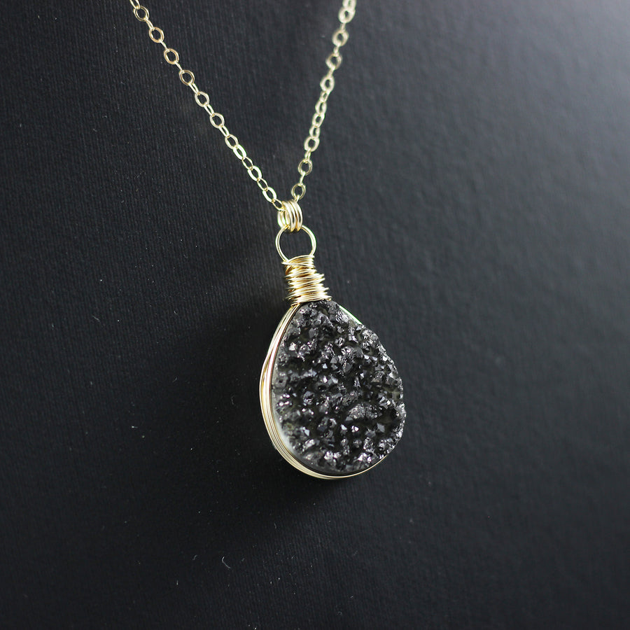 Black Druzy Teardrop Yellow Gold Necklace