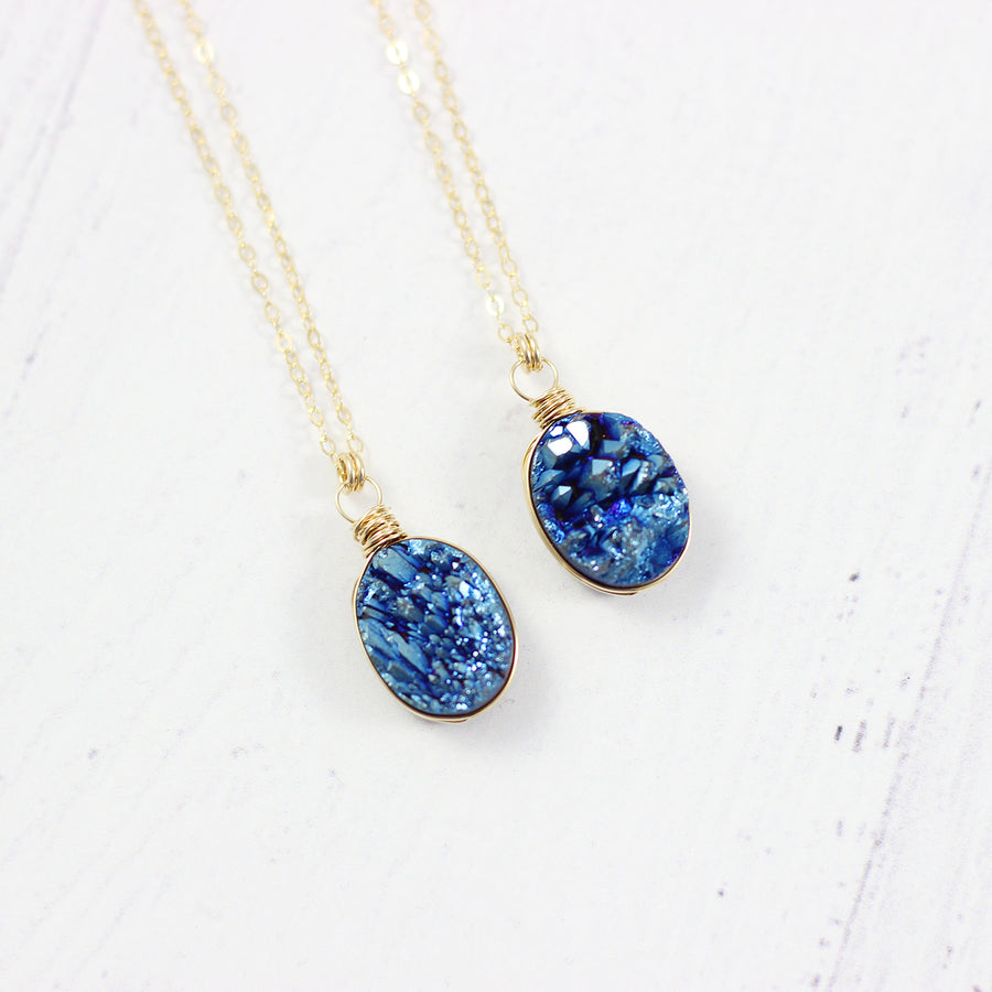 Dark Blue Druzy Gold Oval Necklace