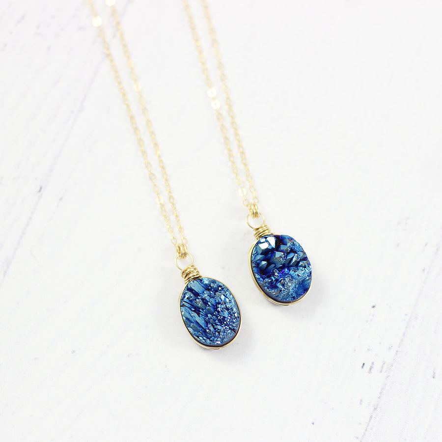 Dark Blue Druzy Gold Oval Necklace