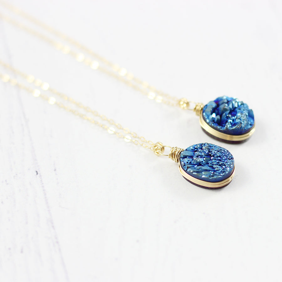 Dark Blue Druzy Gold Oval Necklace