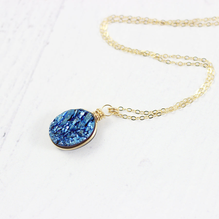 Dark Blue Druzy Gold Oval Necklace