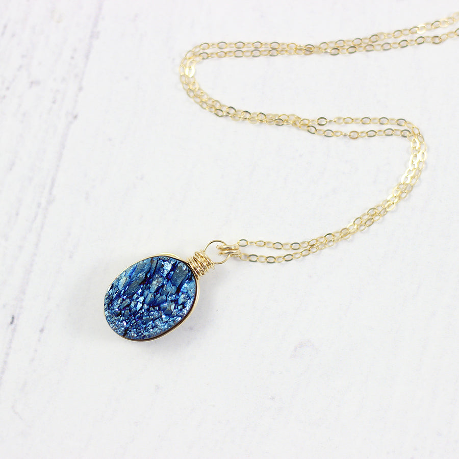 Dark Blue Druzy Gold Oval Necklace