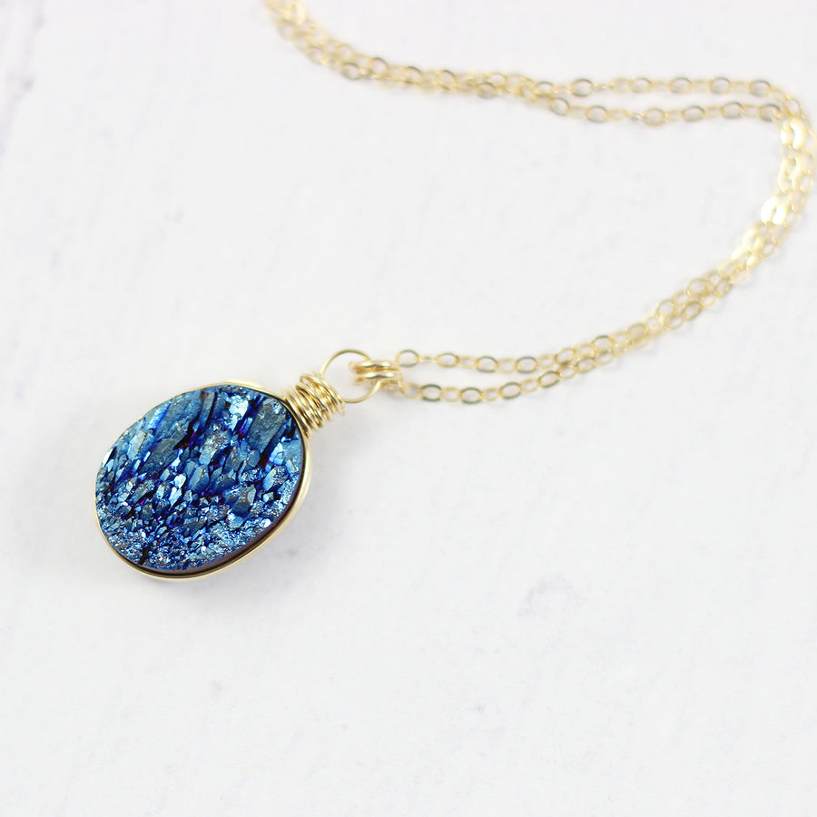 Dark Blue Druzy Gold Oval Necklace