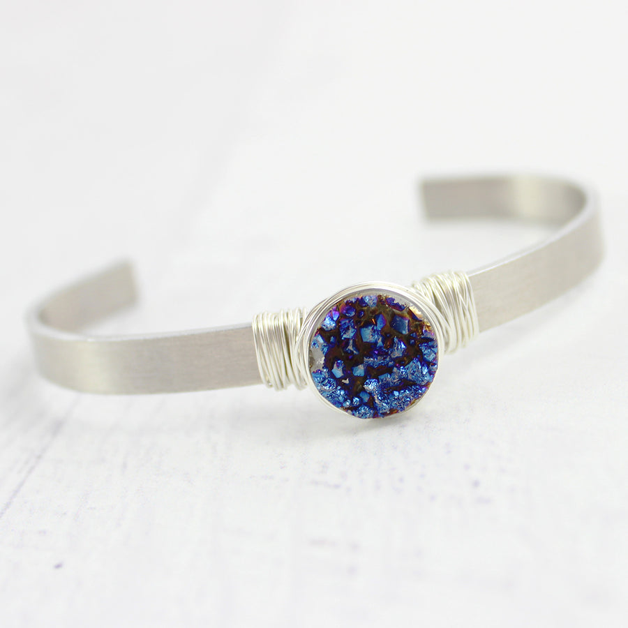 Dark Blue Druzy Geode Silver Cuff Bracelet