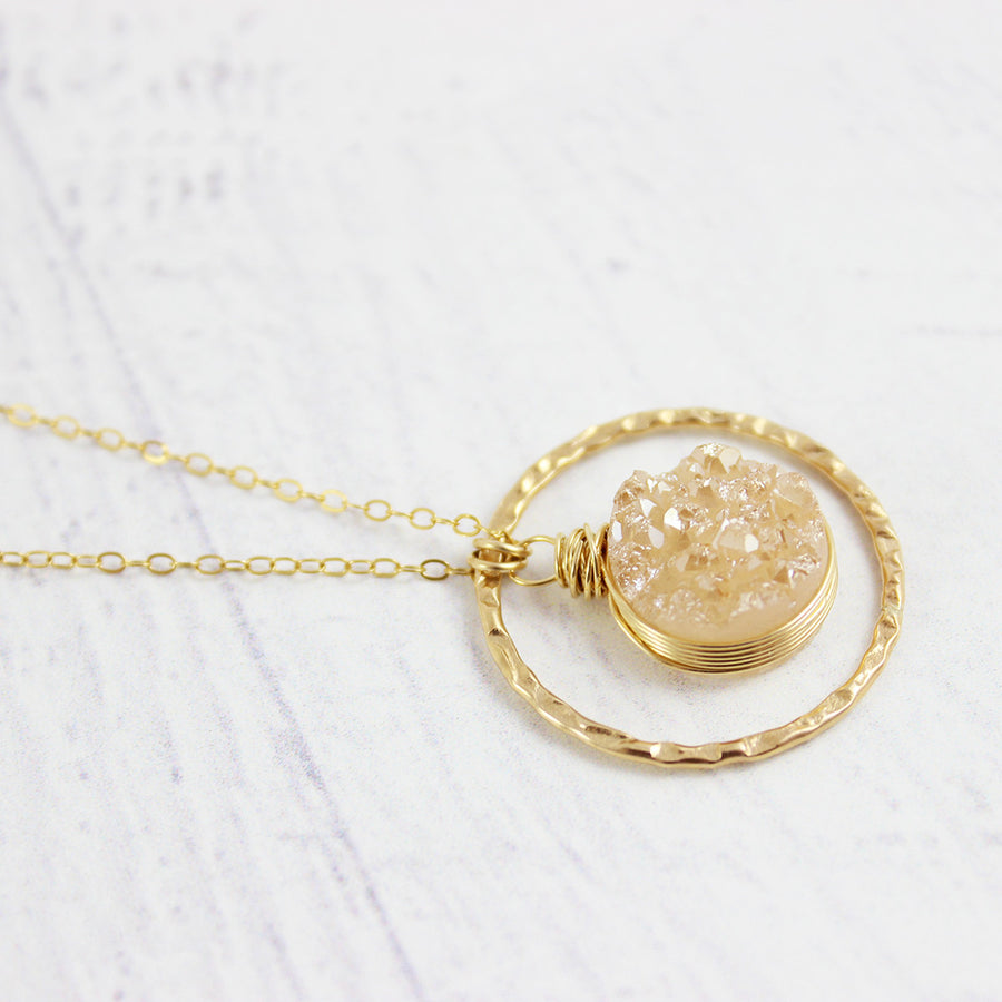 Champagne Druzy Geode Gold Circle Pendant Necklace