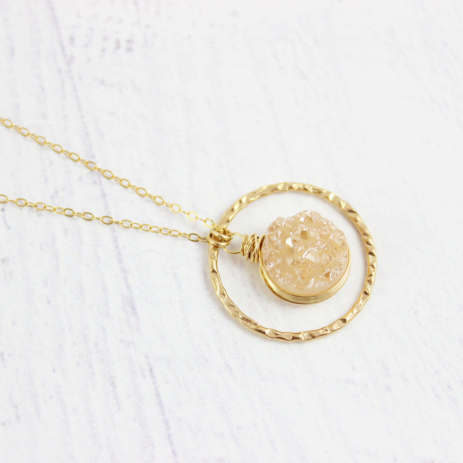 Champagne Druzy Geode Gold Circle Pendant Necklace