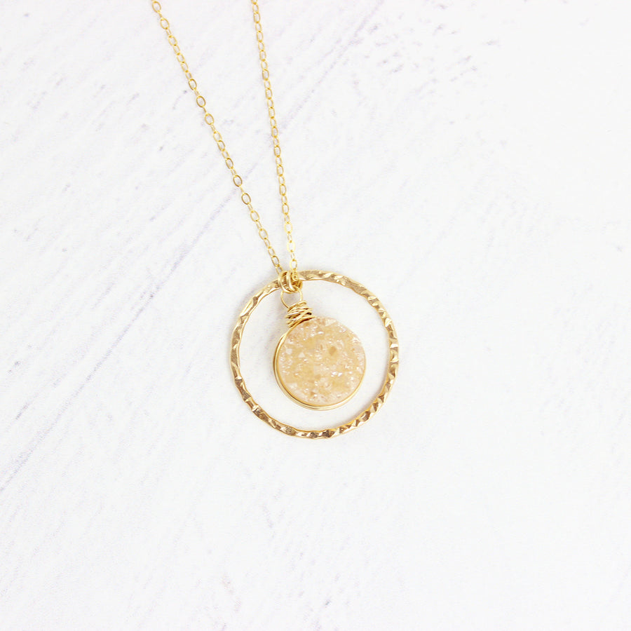 Champagne Druzy Geode Gold Circle Pendant Necklace